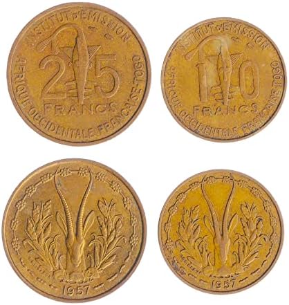 2 מטבעות ממדינות מערב אפריקה | אוסף סט מטבעות מערב אפריקני 1 25 פרנק | הופץ 1957 | דגי מסור | מבחנה